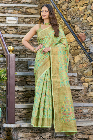 Adoring Pista Pashmina saree With Gratifying Blouse Piece Bvipul