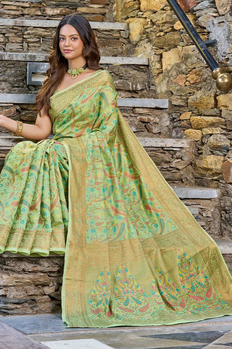 Adoring Pista Pashmina saree With Gratifying Blouse Piece Bvipul