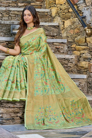 Adoring Pista Pashmina saree With Gratifying Blouse Piece Bvipul