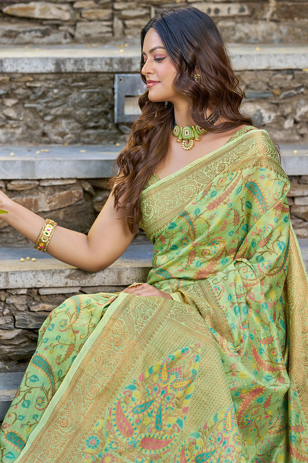 Adoring Pista Pashmina saree With Gratifying Blouse Piece Bvipul