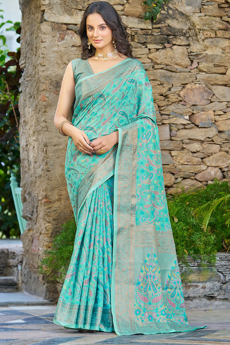 Beauteous Turquoise Pashmina saree With Woebegone Blouse Piece Bvipul Main image