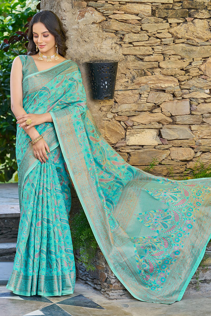 Beauteous Turquoise Pashmina saree With Woebegone Blouse Piece Bvipul