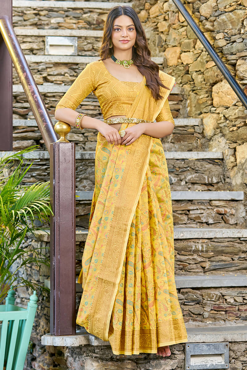 Desuetude Yellow Pashmina saree With Ratatouille Blouse Piece Bvipul