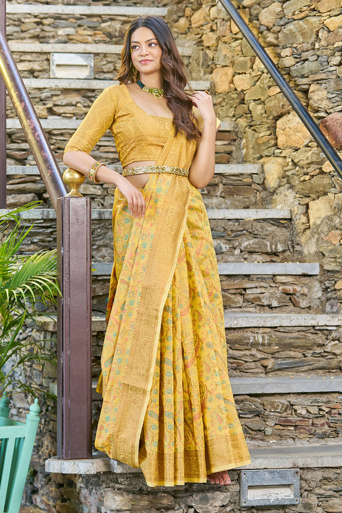 Desuetude Yellow Pashmina saree With Ratatouille Blouse Piece Bvipul