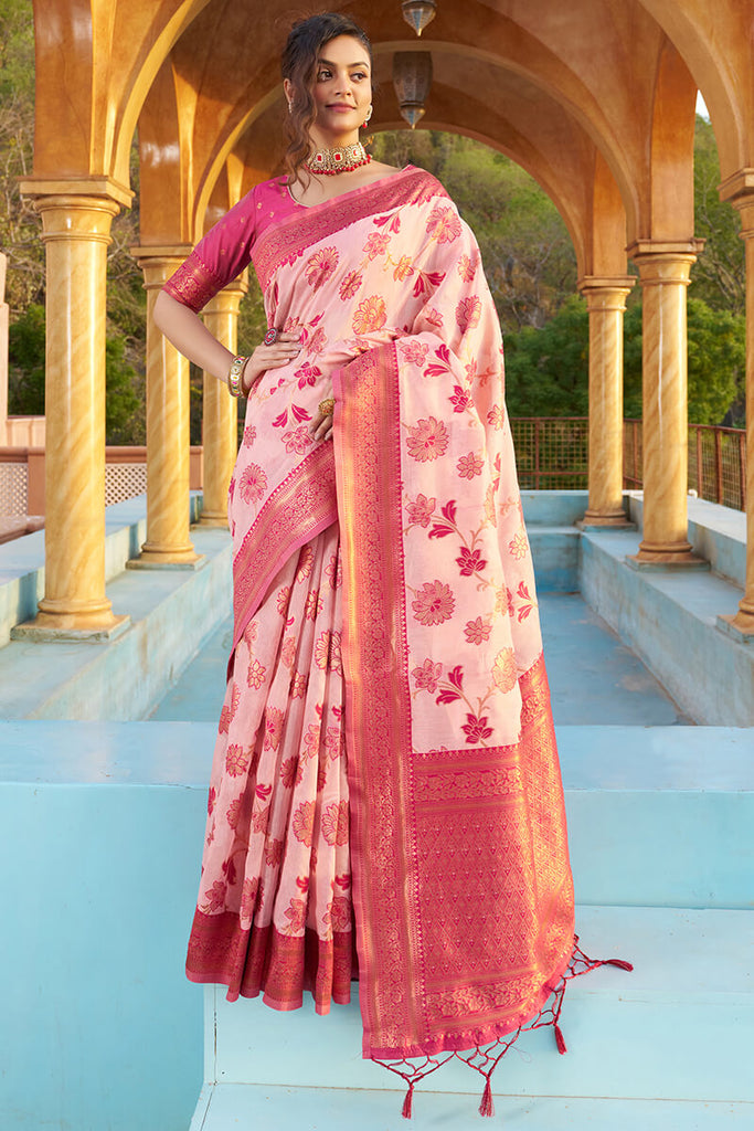 Glowing Baby Pink Organza Silk Saree With Lissome Blouse Piece Bvipul