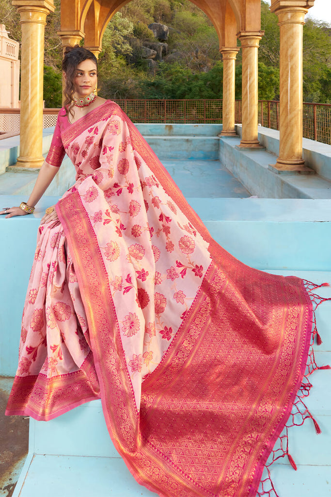 Glowing Baby Pink Organza Silk Saree With Lissome Blouse Piece Bvipul