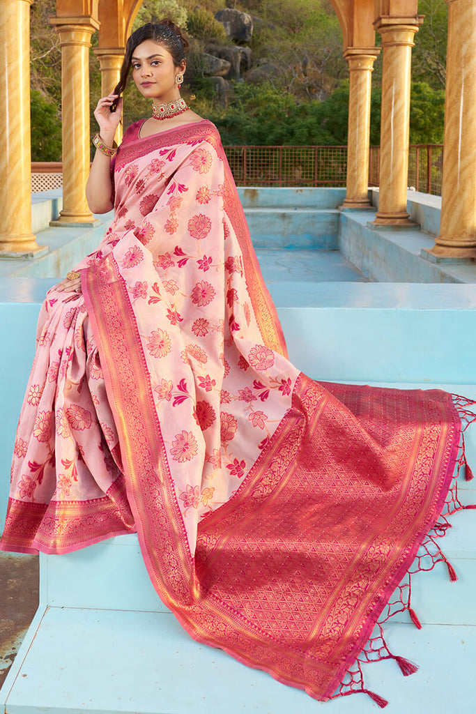 Glowing Baby Pink Organza Silk Saree With Lissome Blouse Piece Bvipul