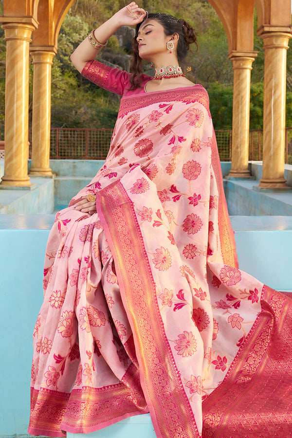 Glowing Baby Pink Organza Silk Saree With Lissome Blouse Piece Bvipul