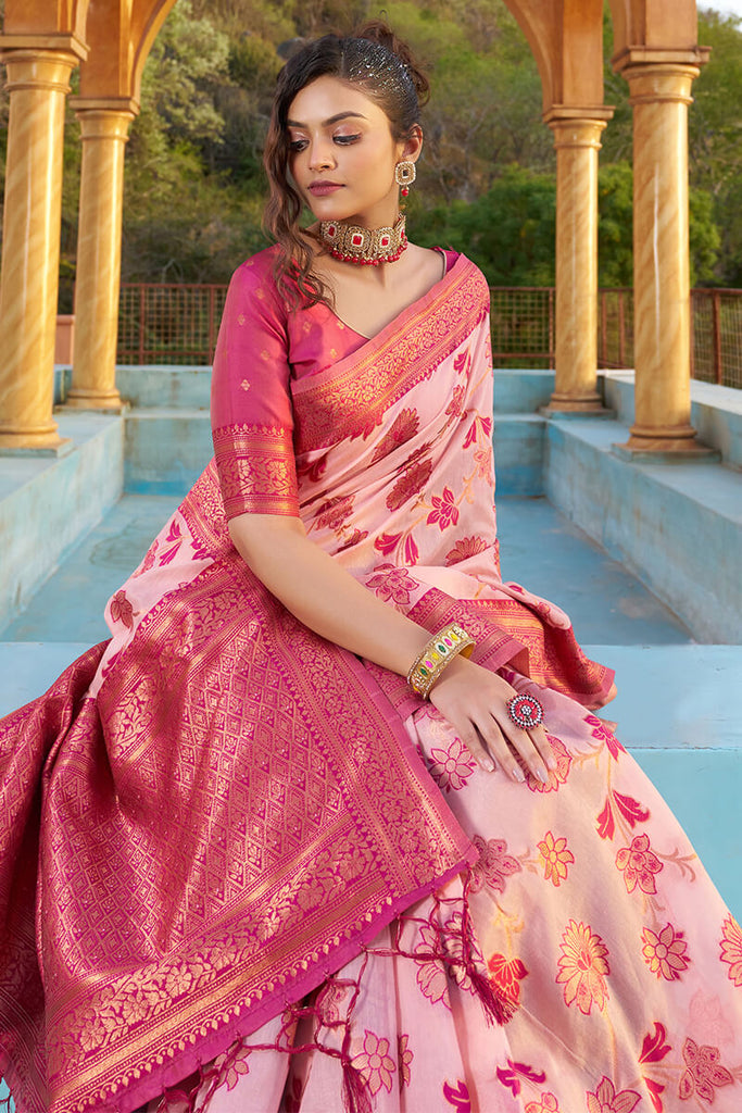 Glowing Baby Pink Organza Silk Saree With Lissome Blouse Piece Bvipul