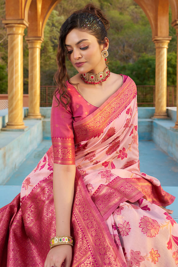 Glowing Baby Pink Organza Silk Saree With Lissome Blouse Piece Bvipul