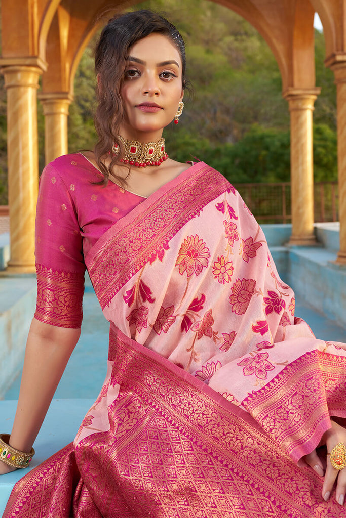 Glowing Baby Pink Organza Silk Saree With Lissome Blouse Piece Bvipul