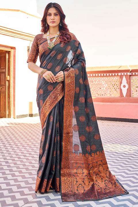 Demanding Black Banarasi Silk Saree With Pretty Blouse Piece Bvipul Main image