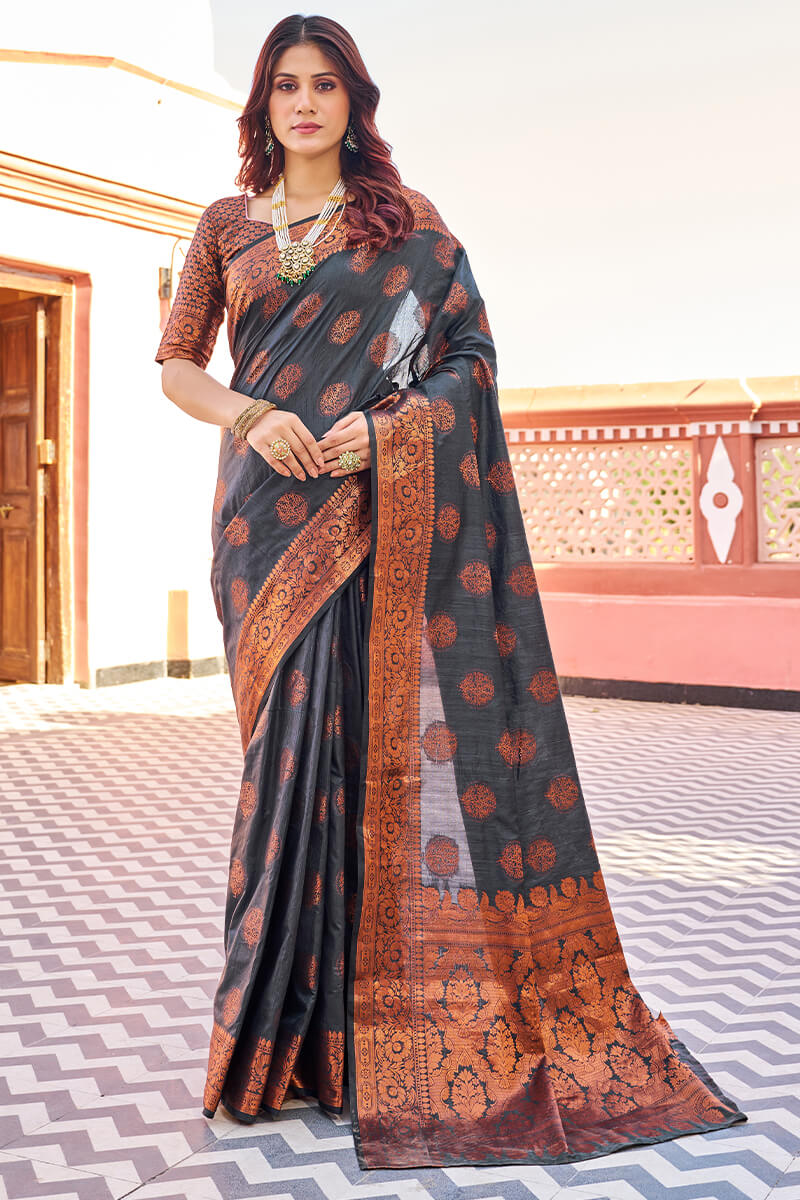 Demanding Black Banarasi Silk Saree With Pretty Blouse Piece Bvipul Main image