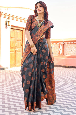 Demanding Black Banarasi Silk Saree With Pretty Blouse Piece Bvipul