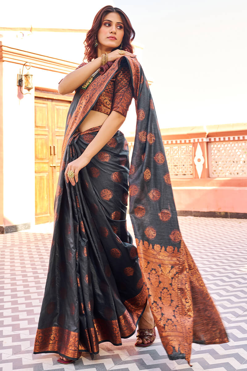 Demanding Black Banarasi Silk Saree With Pretty Blouse Piece Bvipul