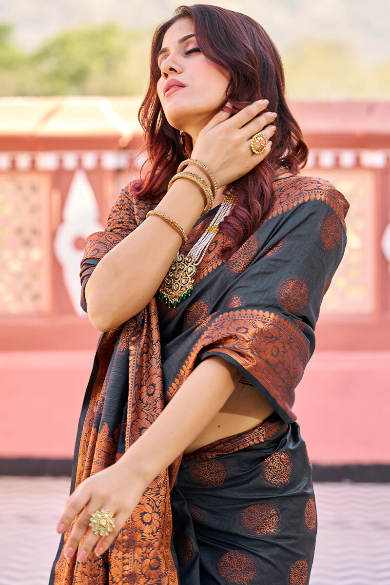 Demanding Black Banarasi Silk Saree With Pretty Blouse Piece Bvipul