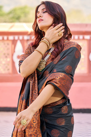 Demanding Black Banarasi Silk Saree With Pretty Blouse Piece Bvipul