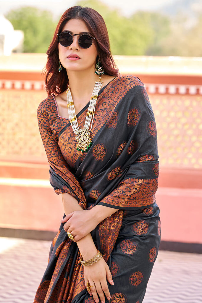 Demanding Black Banarasi Silk Saree With Pretty Blouse Piece Bvipul