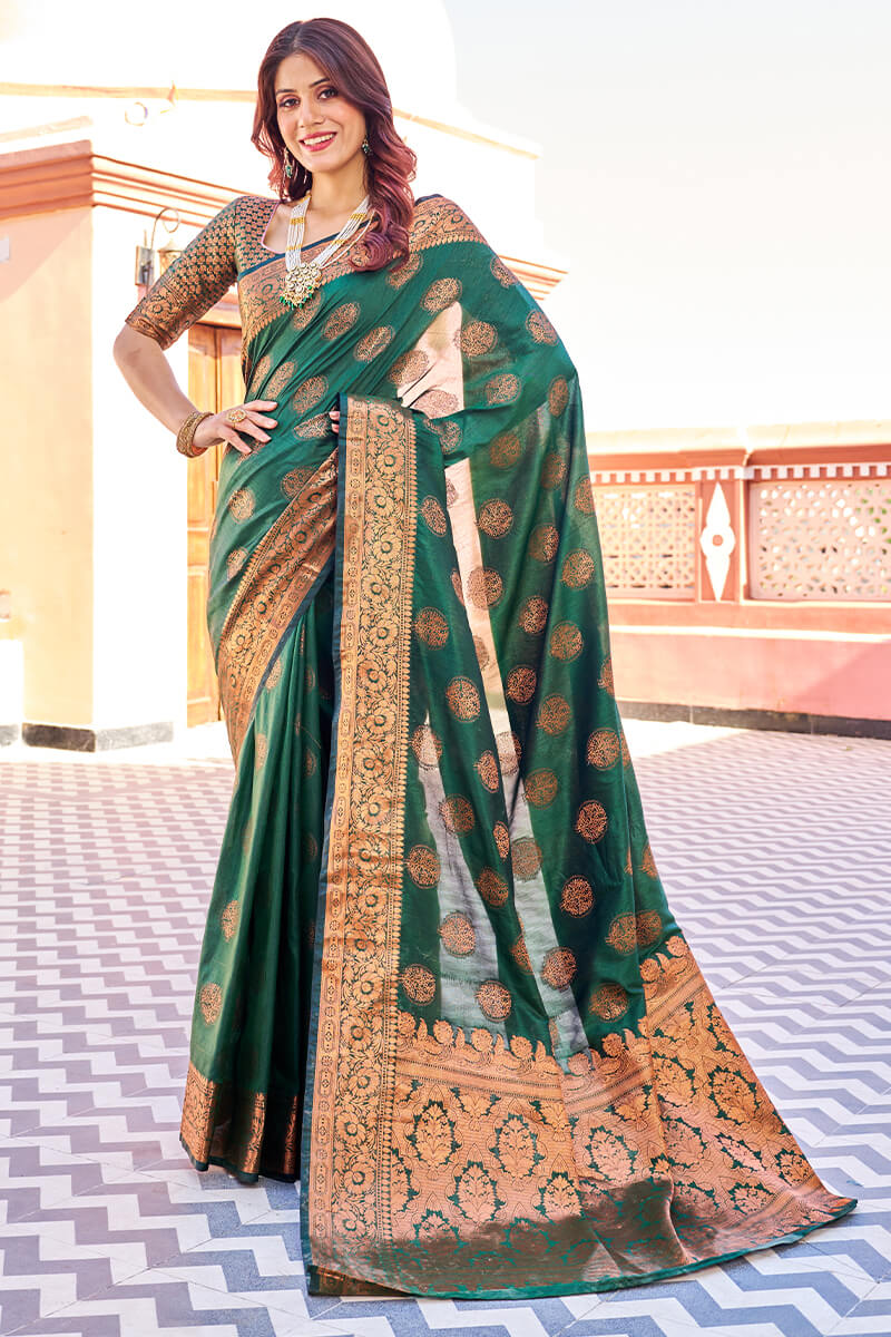 Blooming Dark Green Banarasi Silk Saree With Engrossing Blouse Piece Bvipul