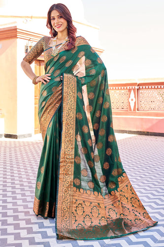 Blooming Dark Green Banarasi Silk Saree With Engrossing Blouse Piece Bvipul