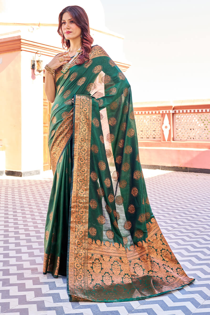 Dark Green Banarasi Silk Saree With Floral Buttis | Singhania's