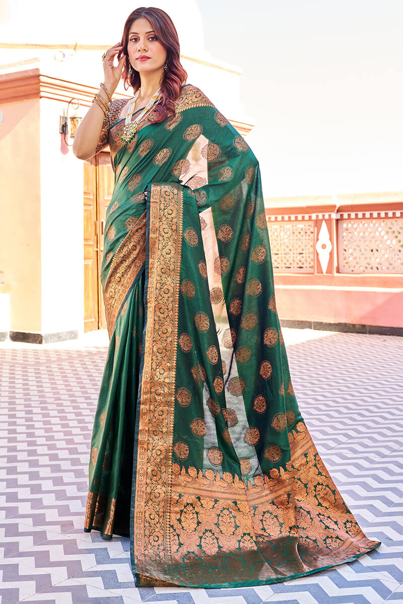Blooming Dark Green Banarasi Silk Saree With Engrossing Blouse Piece Bvipul