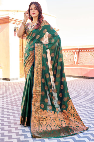 Blooming Dark Green Banarasi Silk Saree With Engrossing Blouse Piece Bvipul