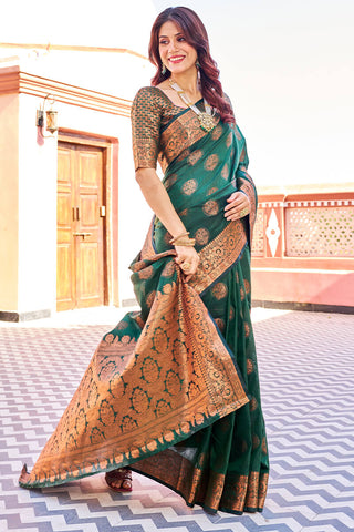 Blooming Dark Green Banarasi Silk Saree With Engrossing Blouse Piece Bvipul