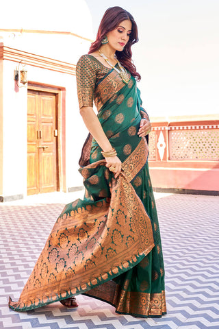 Blooming Dark Green Banarasi Silk Saree With Engrossing Blouse Piece Bvipul