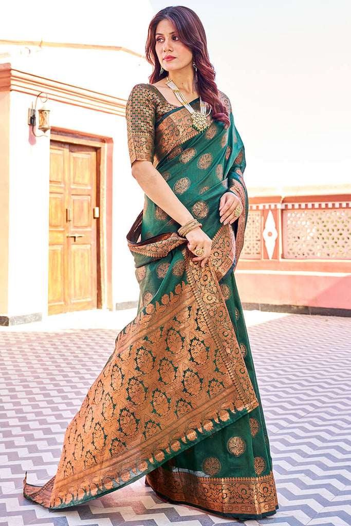 Blooming Dark Green Banarasi Silk Saree With Engrossing Blouse Piece Bvipul