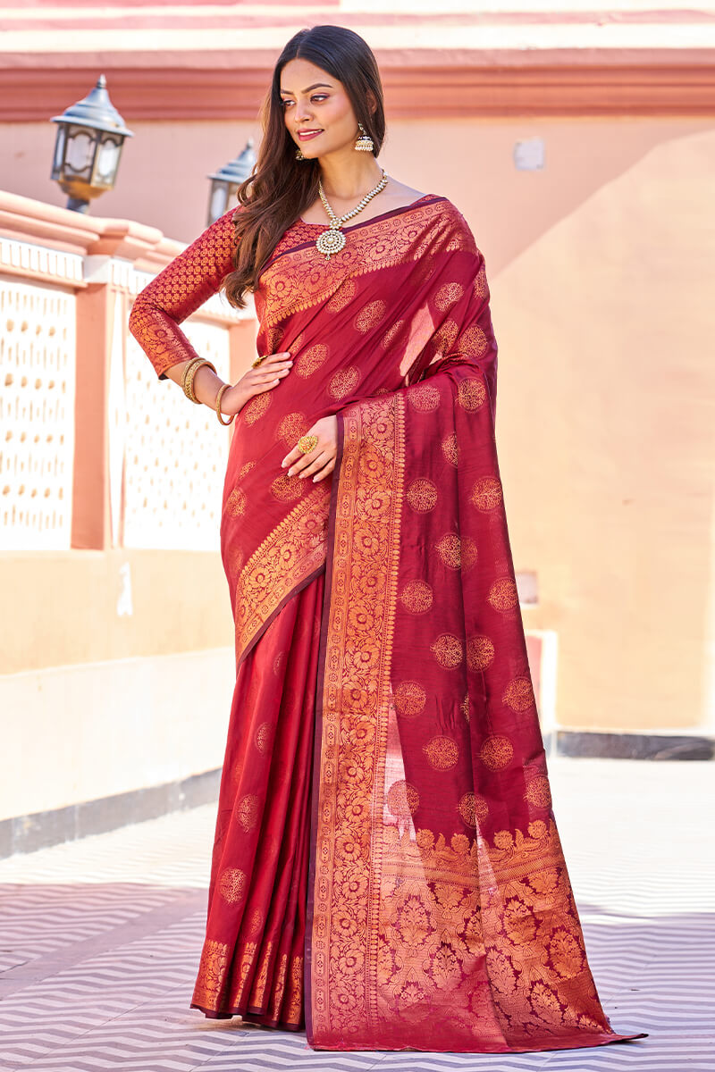 Adorable Maroon Banarasi Silk Saree With Hypnotic Blouse Piece Bvipul