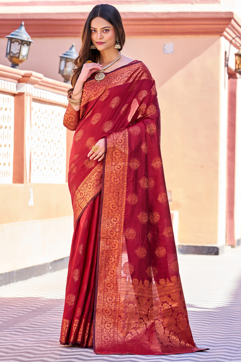 Adorable Maroon Banarasi Silk Saree With Hypnotic Blouse Piece Bvipul