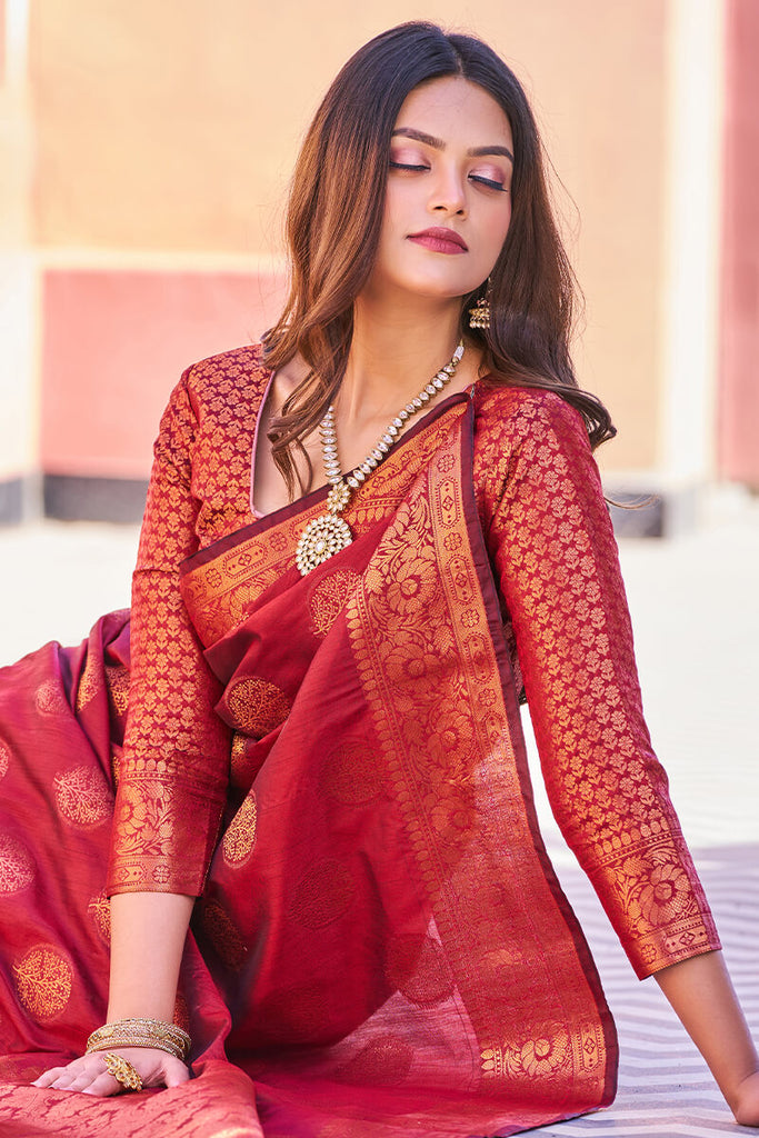 Adorable Maroon Banarasi Silk Saree With Hypnotic Blouse Piece Bvipul