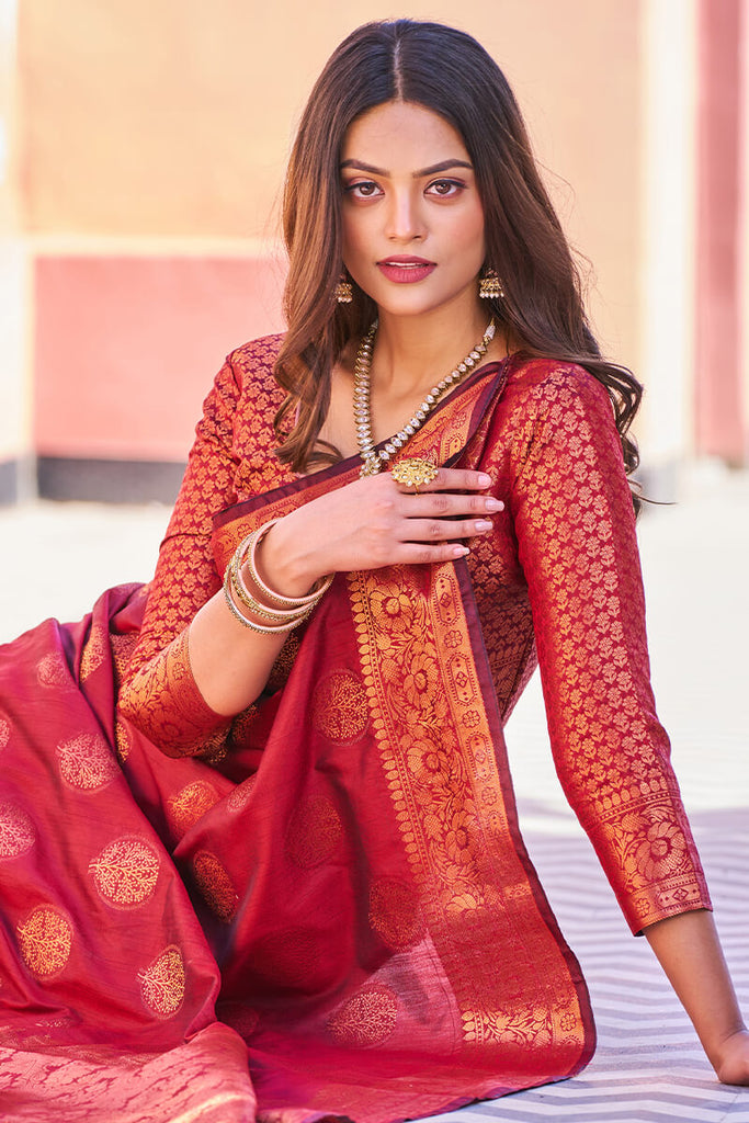 Adorable Maroon Banarasi Silk Saree With Hypnotic Blouse Piece Bvipul