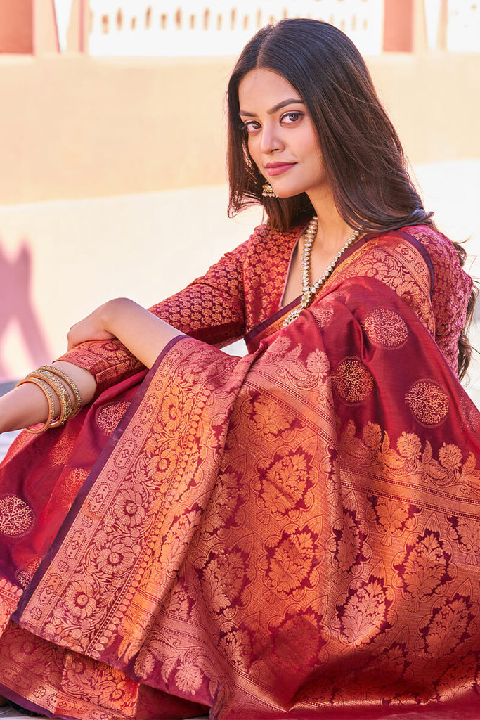 Adorable Maroon Banarasi Silk Saree With Hypnotic Blouse Piece Bvipul