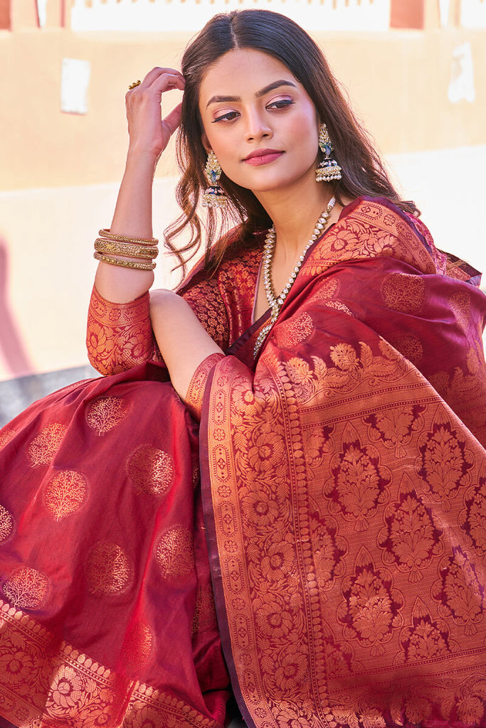 Adorable Maroon Banarasi Silk Saree With Hypnotic Blouse Piece Bvipul