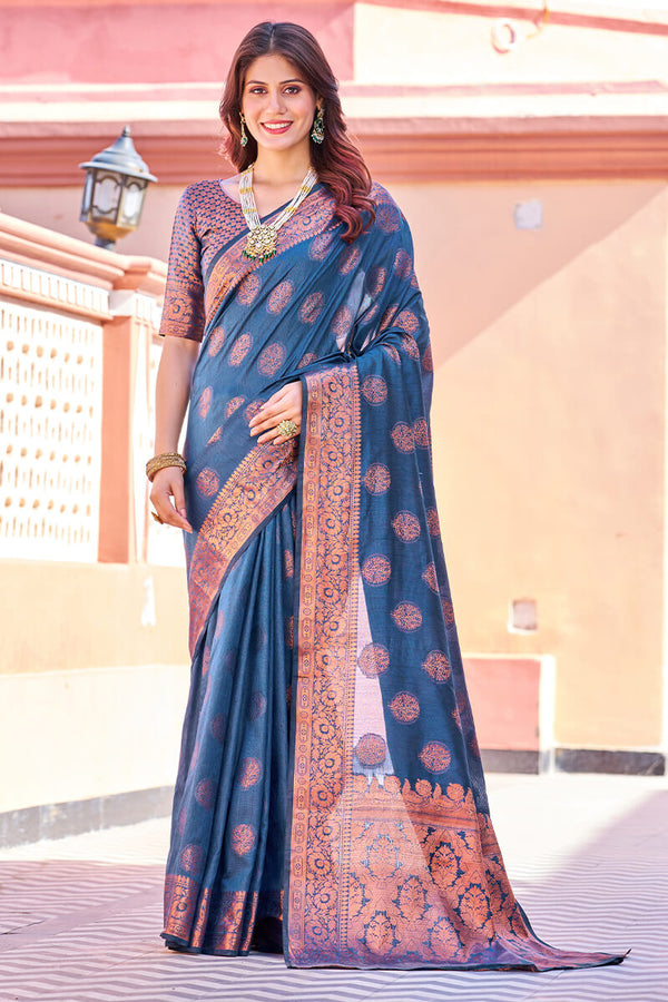 Opulent Navy Blue Banarasi Silk Saree With Majesty Blouse Piece Bvipul