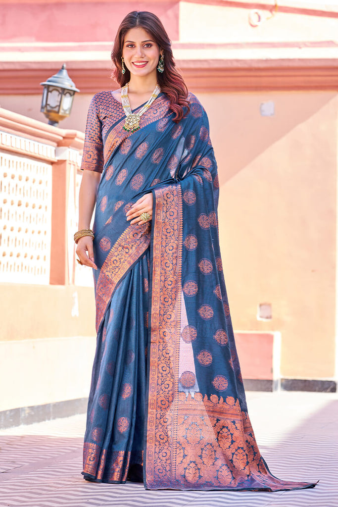 Opulent Navy Blue Banarasi Silk Saree With Majesty Blouse Piece Bvipul