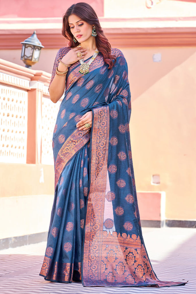 Opulent Navy Blue Banarasi Silk Saree With Majesty Blouse Piece Bvipul