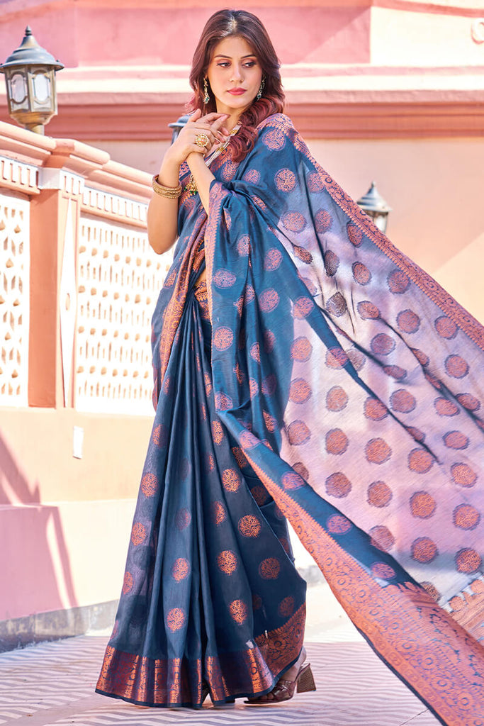 Opulent Navy Blue Banarasi Silk Saree With Majesty Blouse Piece Bvipul