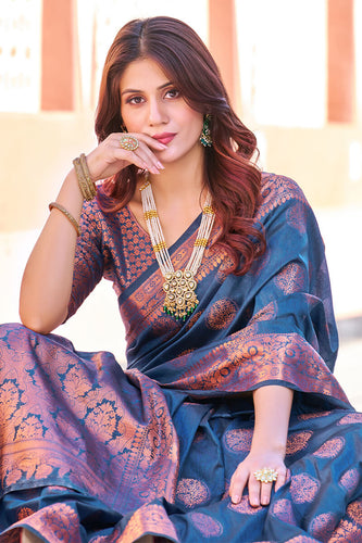 Opulent Navy Blue Banarasi Silk Saree With Majesty Blouse Piece Bvipul