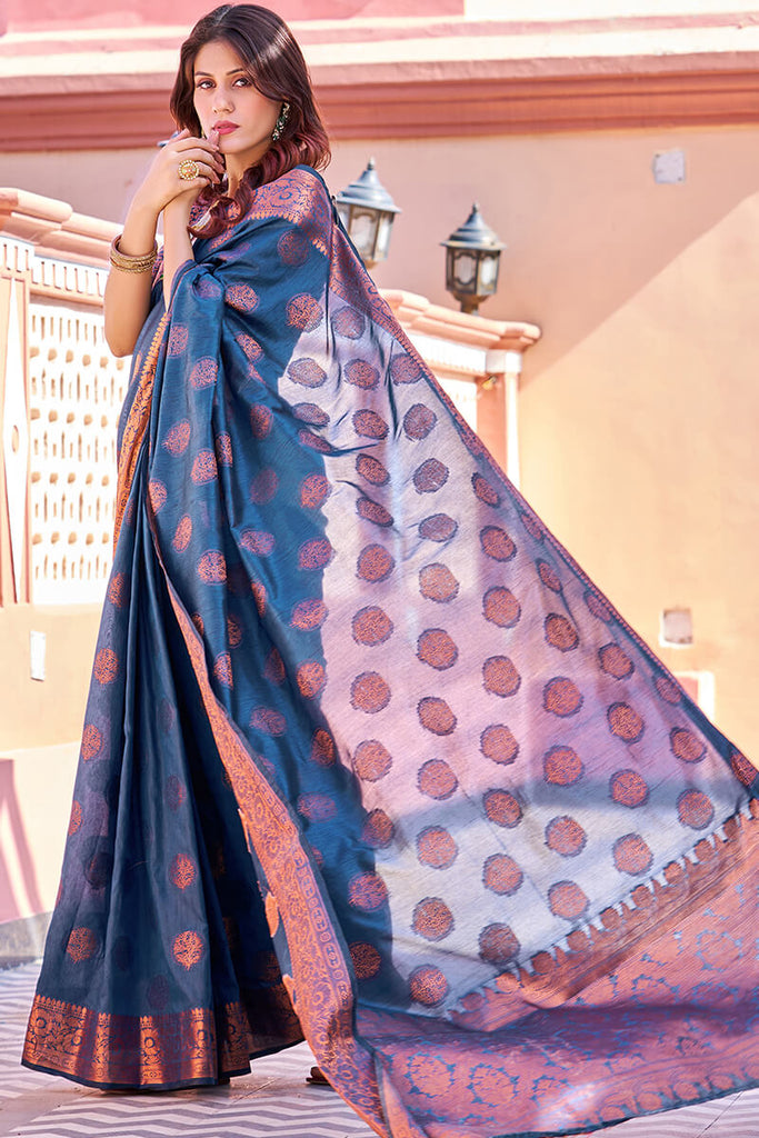 Opulent Navy Blue Banarasi Silk Saree With Majesty Blouse Piece Bvipul