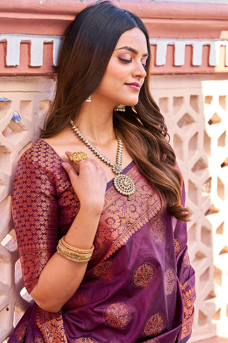 Flamboyant Purple Banarasi Silk Saree With Adorning Blouse Piece Bvipul