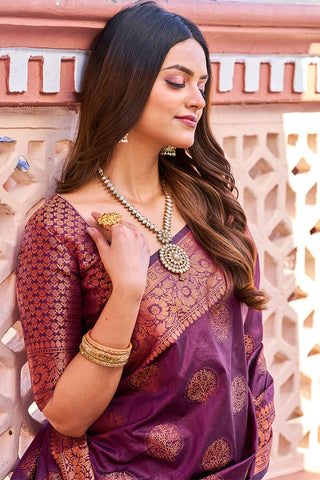 Flamboyant Purple Banarasi Silk Saree With Adorning Blouse Piece Bvipul