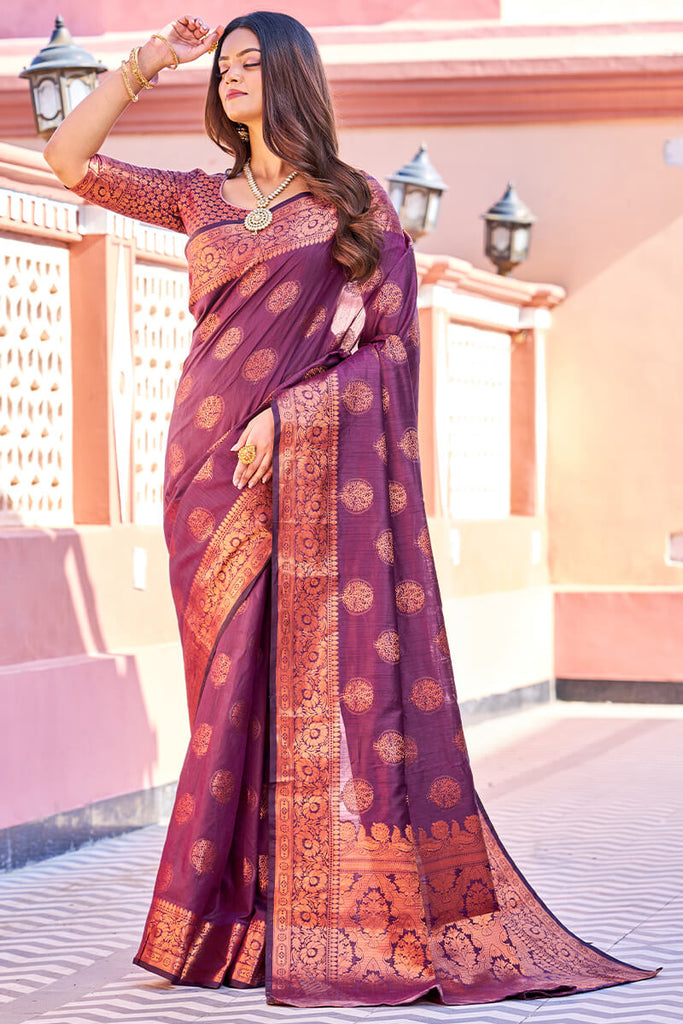 Flamboyant Purple Banarasi Silk Saree With Adorning Blouse Piece Bvipul