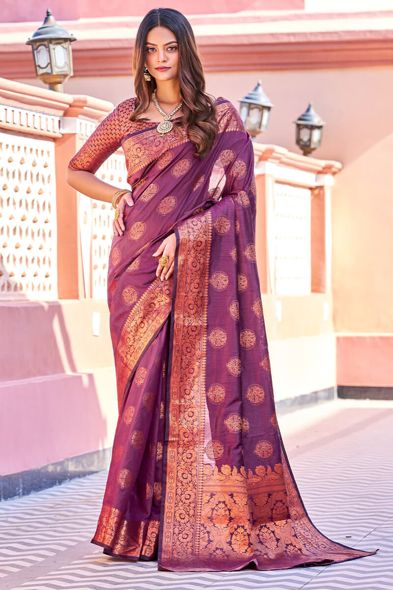 Flamboyant Purple Banarasi Silk Saree With Adorning Blouse Piece Bvipul