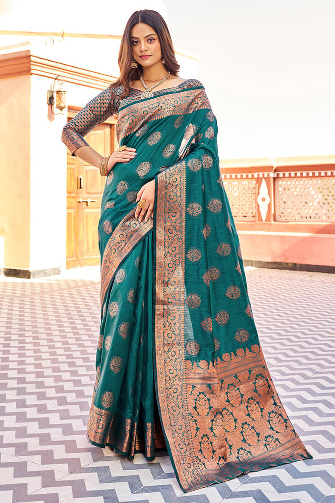 Flameboyant Rama Banarasi Silk Saree With Prettiest Blouse Piece Bvipul