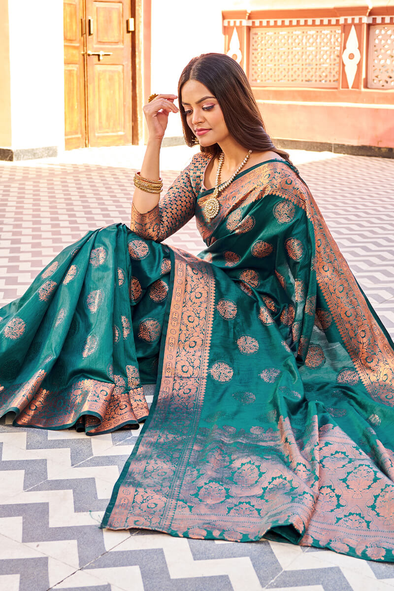 Flameboyant Rama Banarasi Silk Saree With Prettiest Blouse Piece Bvipul