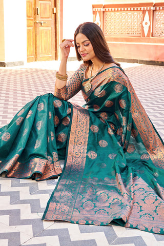 Flameboyant Rama Banarasi Silk Saree With Prettiest Blouse Piece Bvipul