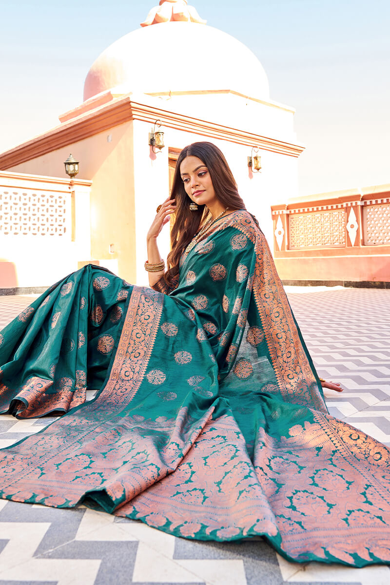 Flameboyant Rama Banarasi Silk Saree With Prettiest Blouse Piece Bvipul